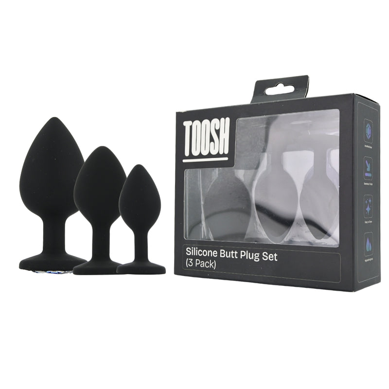 Toosh Silicone Butt Plug Black Set of 3 Clear Stone